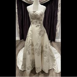 Oleg Cassini Embroidered Peek-A-Boo Satin Wedding Dress