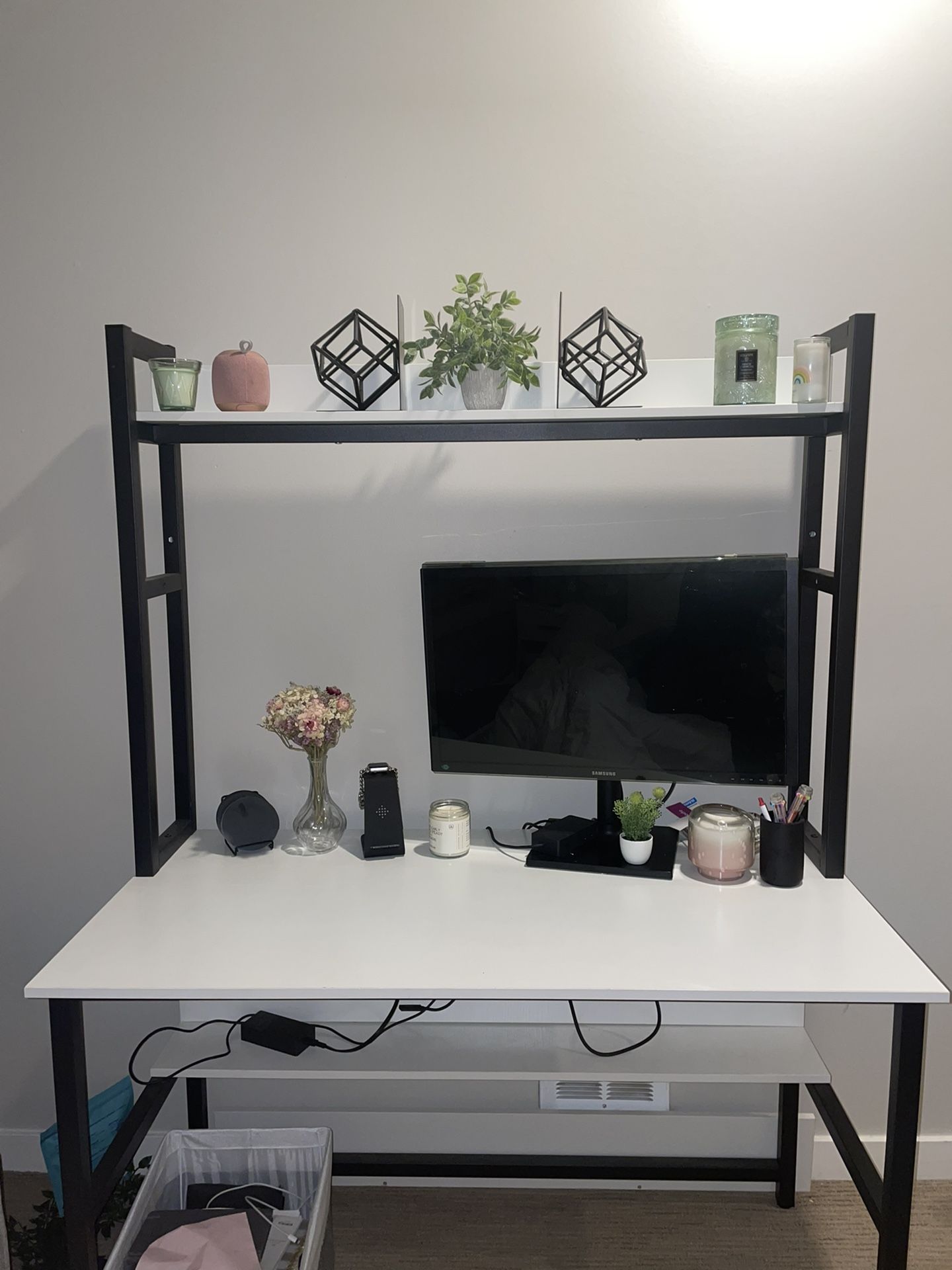 Cute White And Black Ladder Desk With Computer Hutch And Bookcase 