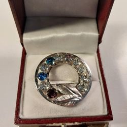 1/20 12 K Gold Filled Multi Color Rhinestones+Leafs Vintage Brooch
