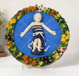 Antique Style Majolica Cherub Wall Plaque Blue Fruit Floral Relief 10.5”