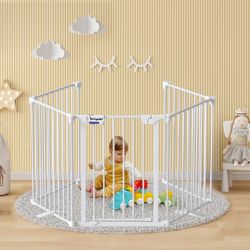 Baby Gate 27.5"-129" Extra-Wide Playpen, Play Yard Child Safety Fence, Dog Gate with Auto-Close Door, Double Locking System for Fireplace, Foldable 5 