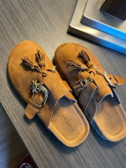 Brown Suede Slide Sandals with Tassel Detail