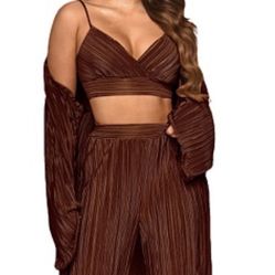 Brown 3piece Oversized Cardigan Pants & Top