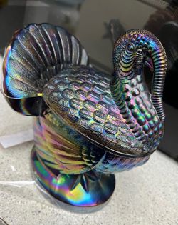 vintage L.E. Smith Amethyst Carnival Glass Turkey Candy Dish with Lid(PleasRead)