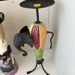 Wood & Metal Elephant Folk Art Candle Holder 