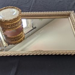 2 Piece Vintage Brass Filigree Vanity Set