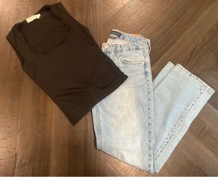 Y2K Trendy Casual Set: Aéropostale Low Rise Baggy Jeans & Black Square Neck Tank Top (Women's Medium