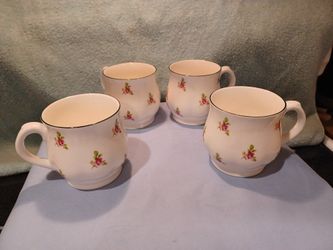 Vintage Set Of 4 Bone China Coffee Cups With Bubble Look Body And Pink Rose.