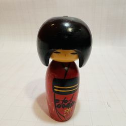 Kokeshi Hand Made Wood 5.5” Red Doll Painted Japan Vtg Folk Art Cherry Blossom