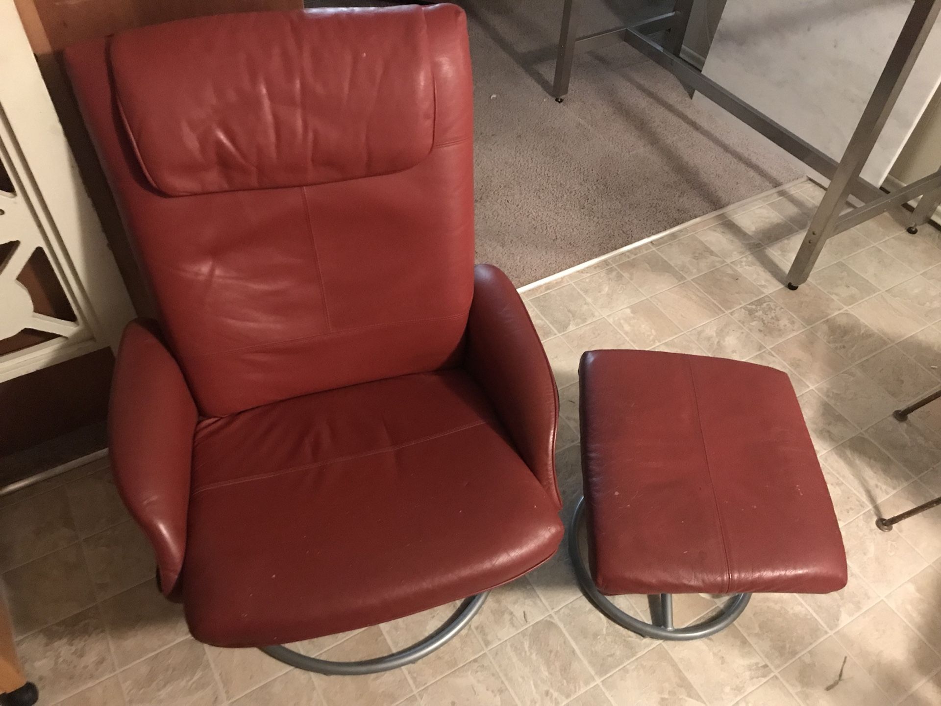 IKEA red leather chair w/ ottoman