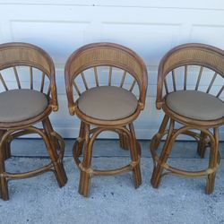 3 Boho Rattan Swivel Barstools 
