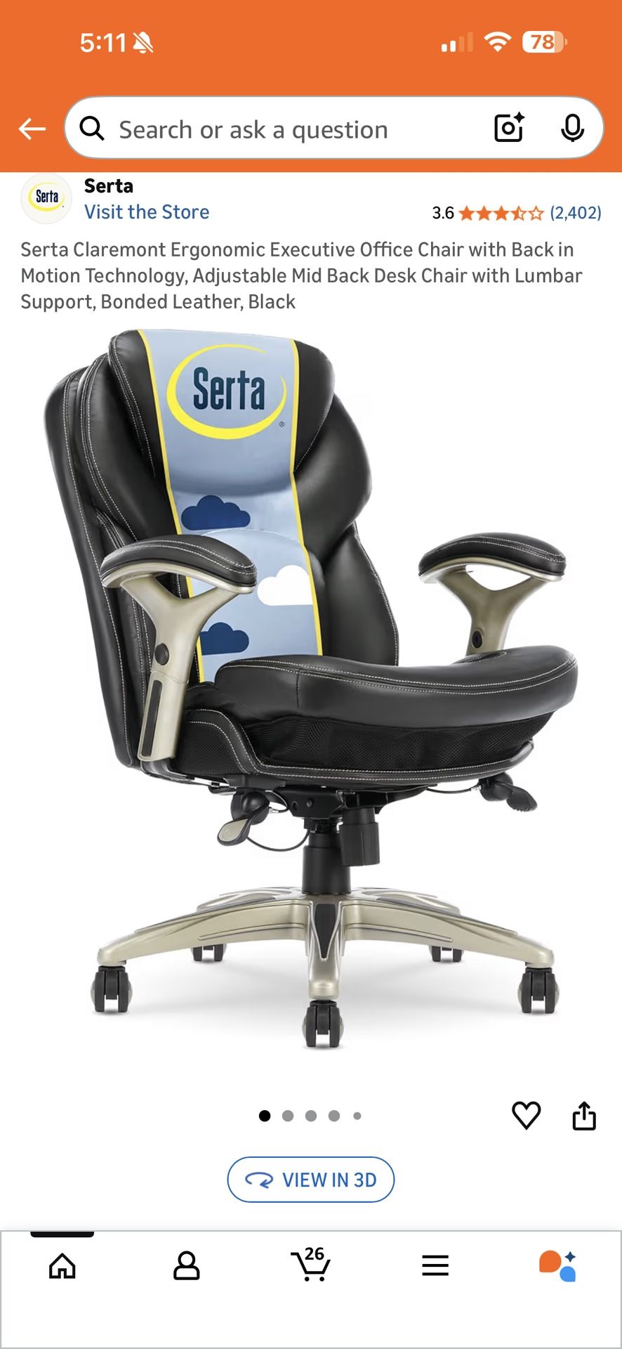 Brand New Black Serta Vegan Leather Tall Back Executive Office Chair w/Height Adjustable Armrests 