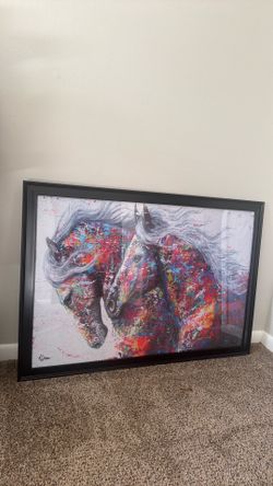 Large Modern Colorful Horse Wall Art – Black Framed Canvas – Excellent Condition