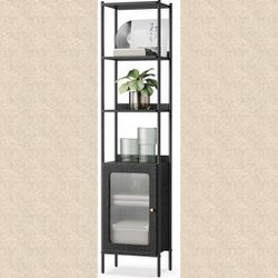 Black 6-Tier Bookcase with Metal Frame and  Door, New, Unassembled. 
