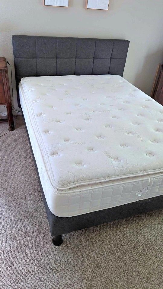 Like-New Queen Zinus Upholstered Bed Frame and Pillowtop Mattress