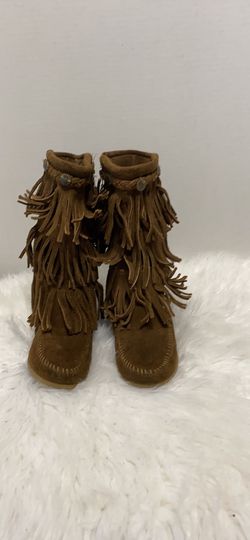 MINNETONKA Kids Girl's Brown 2658 3-layer Fringe Moccasin Boots Size 12