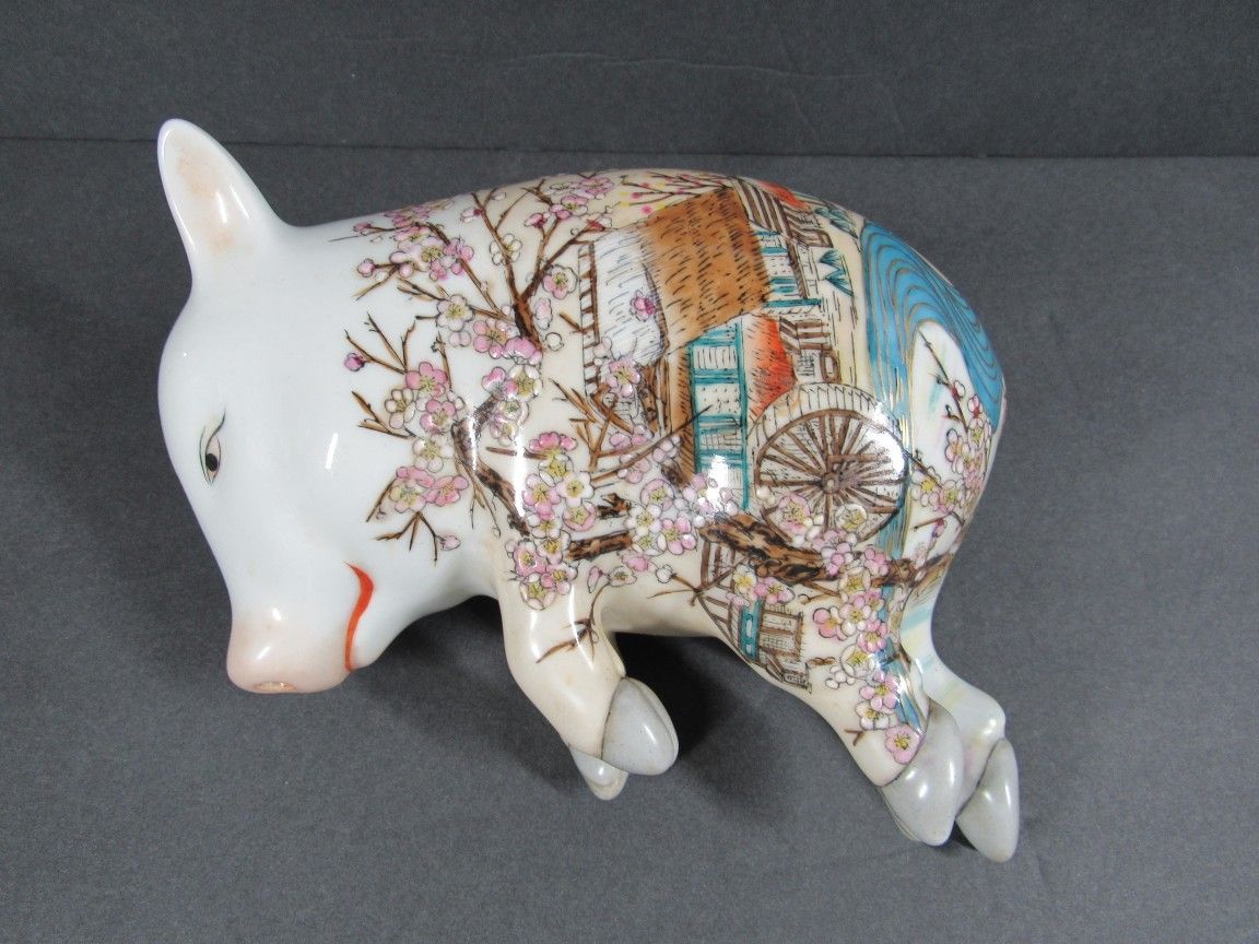 Vintage Chinese Famille Rose Porcelain Lucky Sleeping Pig Statue
