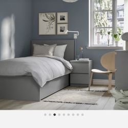 Twin  Bed   Gray Frame With Two  storage  Boxes, Lonset and  the Matress 