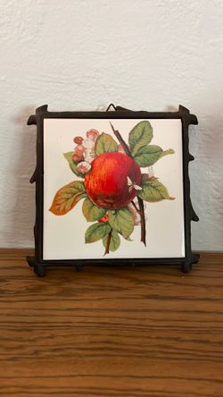 Hallmark Cast Iron Ceramic Tile Trivet Apple Blossom Bee Farmhouse Cottage Decor