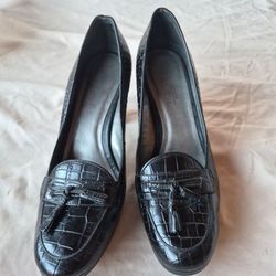 Ann Taylor Loft Black Croc Embossed Leather 3in Heel Loafers Size 6.5M Brazil