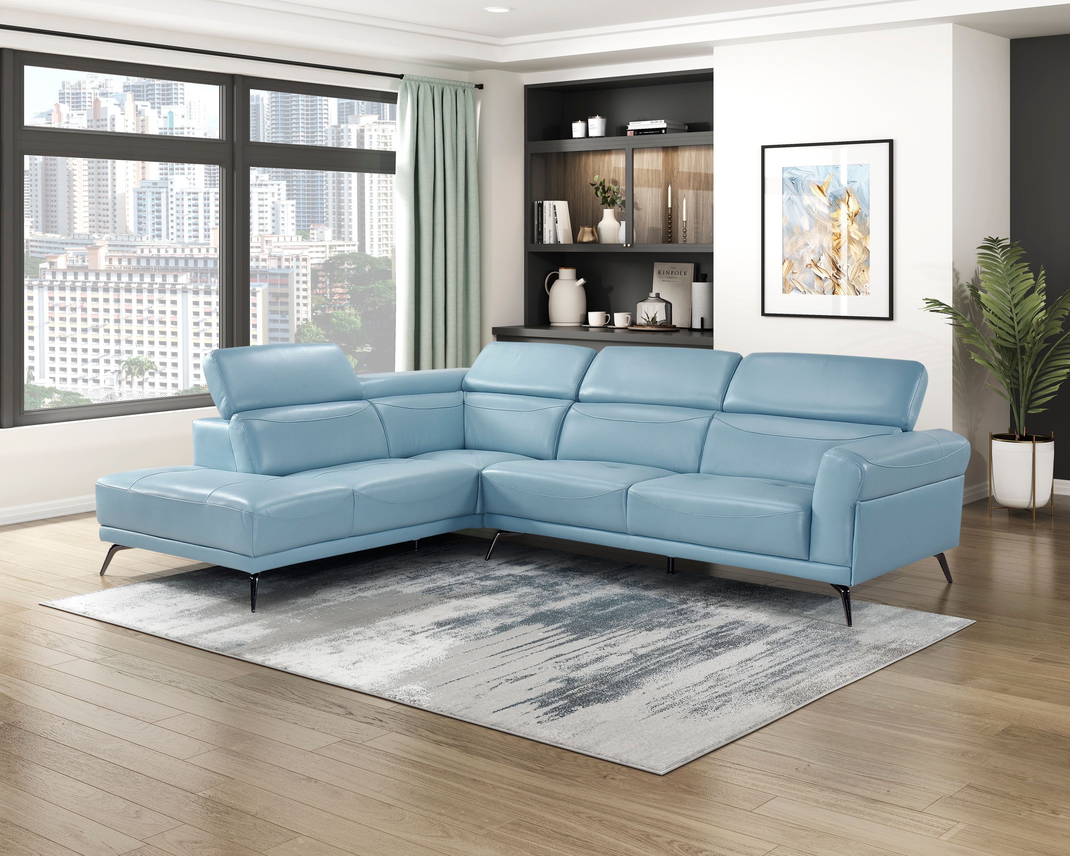 Modern Top Grain Leather 2-Piece Sectional Blue Color