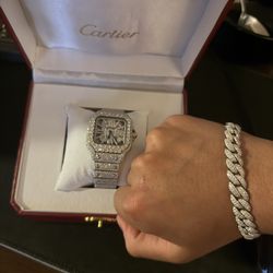 Moissanite Watch And Cuban Link Bracelet