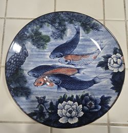 Japanese Koi Porcelain Plate Large 12 Inches Signed Collectible Sun Ceramics Vtg