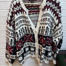 Christmas Eddie Bauer Preowned Cotton Cardigan Black Red White Size L