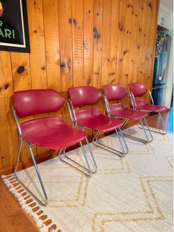 Vintage Mid Century Modern Red Acton Stacker Chairs with Chrome Bases Set of 4