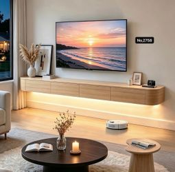 110”Floating TV Stand Wall Mounted TV Cabinet Floating Shelves with Drawer Floating Entertainment Center TV Cabinet Solid Wood Modern Living Room Roun