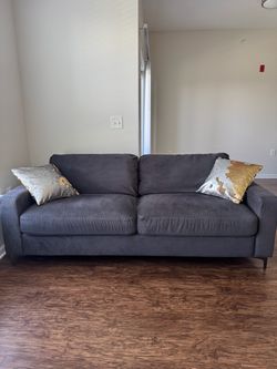 Large Deep-Seat Gray Sofa + 2 Pillows – 87” – Very Good Condition