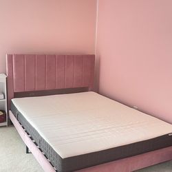 Queen Bed Frame/Velvet Upholstered Platform Bed Frame with Headboard/Strong Wood Slats Support