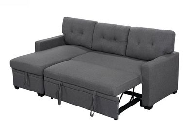 Grey linen reversible sectional sofa bed with storage chaise longue like new $149