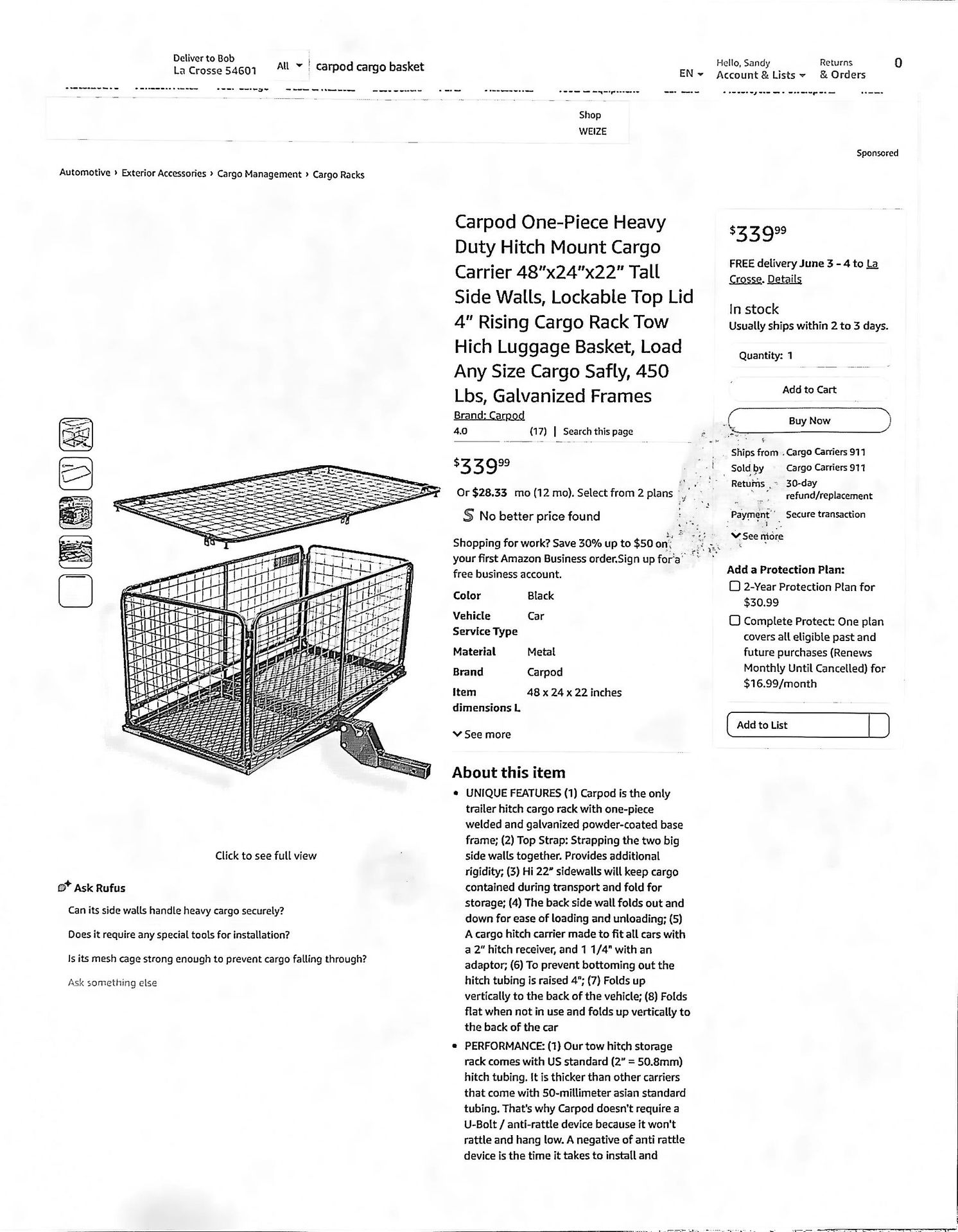 Carpod Hitch Mount Cargo Carrier With Lid and Carrier Bag