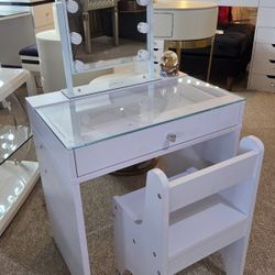 White Vanity Desk, LED Mirror  &  Stool New Kid's size
