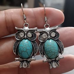 Turquoise Owl Dangling Earrings 