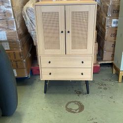 Sideboard Buffet Cabinet, Oak Finish Kitchen Storage Cabinet with Rattan Decorated Doors, Cupboard Console Table Accent Cabinet for Living Room Dining