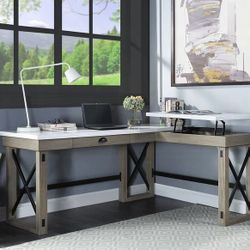 Marble Top & Rustic Oak Finish Desk with Lift Top