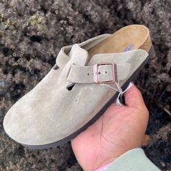 Birkenstock Boston Clog Suede Sandal Taupe