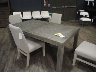 Modus Herringbone Latte Dining Table - Parquet Wood Top with Upholstered Chairs