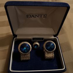 Dante Men’s Cufflinks & Tie Tack - Volcano Mesh Set Gold with Beautiful Blue Stones