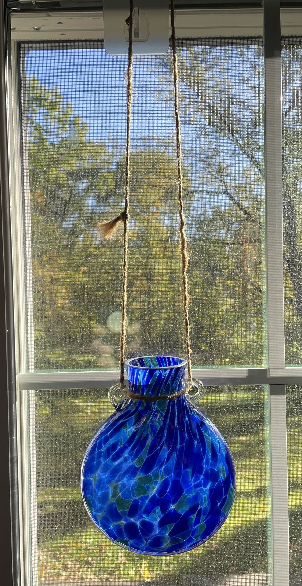 Beautiful Cobalt Blue Confetti Glass Hanging Vase, Handmade in Poland 8”