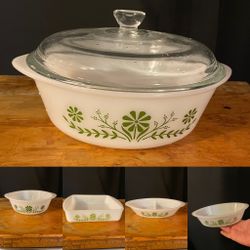 Vintage Jeanette Glassbake milk glass green daisy casserole/ cookware dishes ex cond. as is pick up