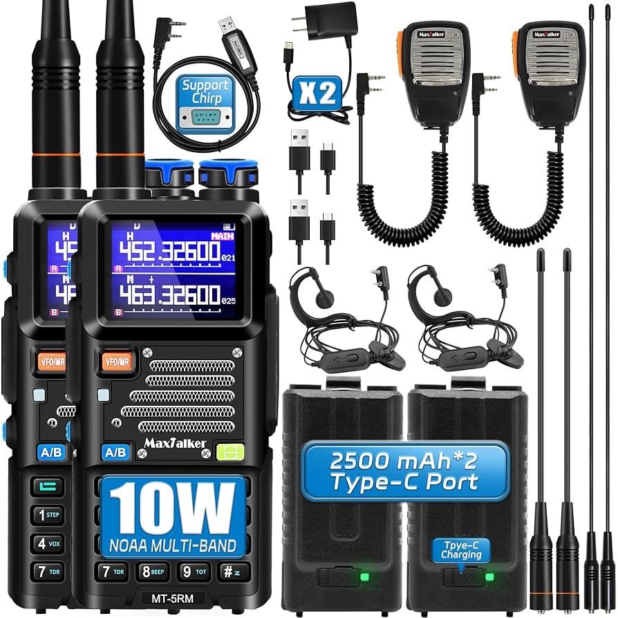 5RM 10W Ham Radio, Long Range Handheld Two-Way Radio with NOAA Weather Receiver, USB-C Rechargeable 2500mAh Batteries, Programming Cable & Speaker Mic