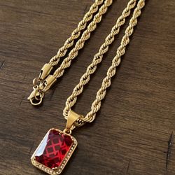 Stainless Steel 4.5mm 20 Inch Rope Chain With Red Stone Pendant 