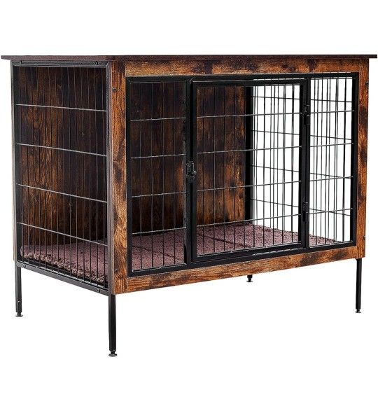 Dog Crate Furniture, Wooden Dog Kennel with Mat,
