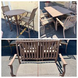 Outdoor Bistro Hightop Table, 2 Stools $200. Dining Table, 6 Stackable Chairs $300. Loveseat $150. Few dings, see all pics. Panama Jack, Island Breeze