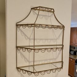 VINTAGE MID CENTURY TWISTED METAL          3-TIER WALL SHELF W/ 3 X GLASS SHELVES (CIRCA 60’s) 23”W X 7”D X 25.5”H