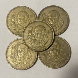 Tengo cinco monedas antiguas de colección de 1000 pesos  pido $45 por las cinco monedas; el precio es firme.