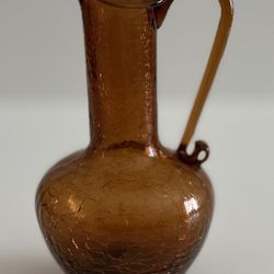 Vintage Amber Crackle Glass Handblown Miniature 5” Pitcher